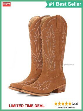 Faux Suede Cowboy Boots Embroidered Western Mid-Calf Pull-On